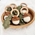 Custom Logo Beech Wood Crochet Acorn Teething Ring with Silicone Sound Feature Newborn Gift for Babies 0-24 Months