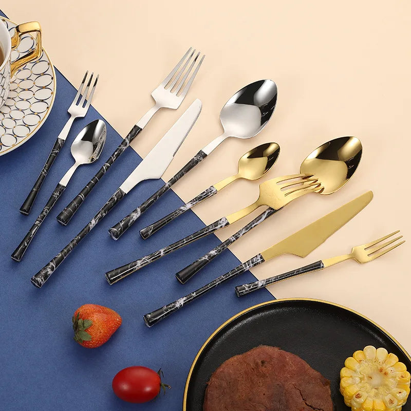 Wholesale Plastic Handle Flatware Set Stainless Steel Marble Spoon Fork and Knife Cutlery Set