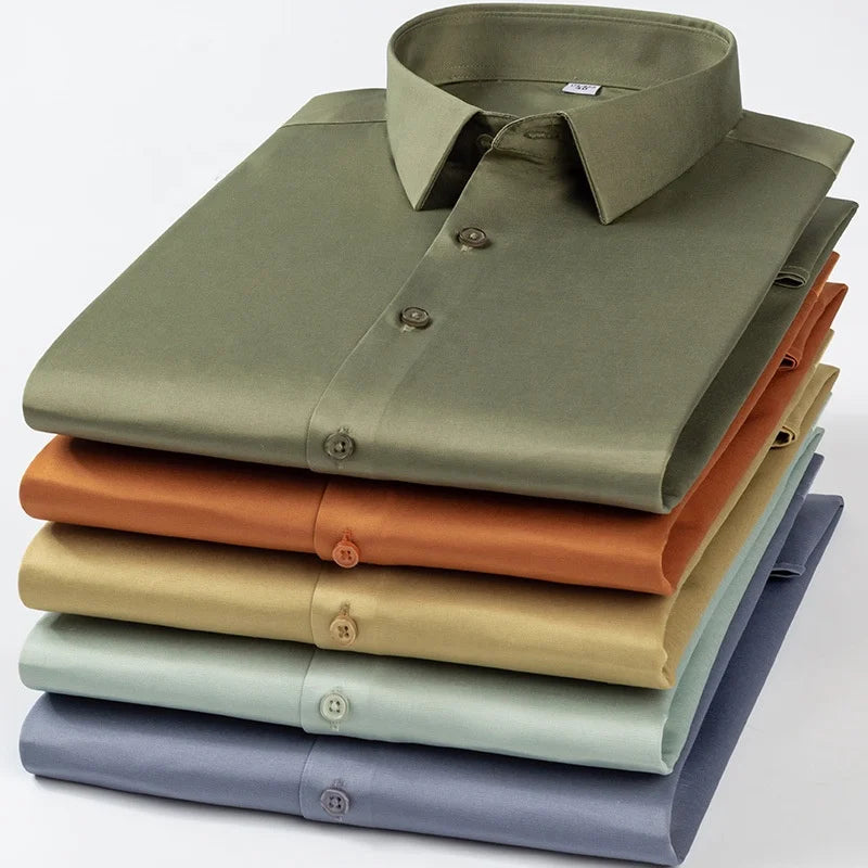 Casual Business High Elasticity Soft Cozy No Pockets Thin Work Shirt Long-sleeved Shirt Men Slim Fit Non-iron Work Shirt