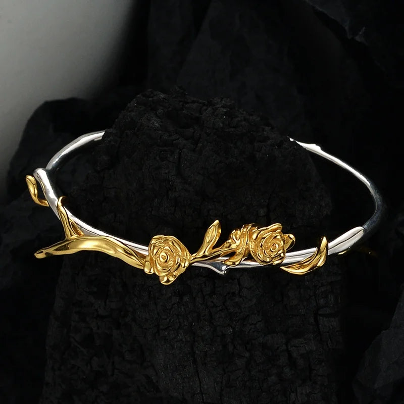 Factory Origin Design Chic Adjustable Fine Jewelry Bracelet Women 925 Sterling Silver Two Tone Rose Flower Bangle for Girls