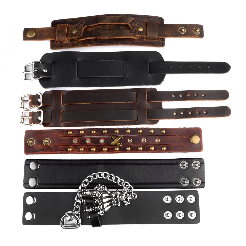 2 Layer Wide Genuine Leather Twining Vintage Green Punk Style Adjustable Snap Button Man Charms Cuff Bracelet