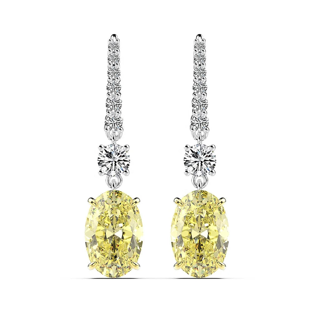8A CZ Canary 925 Sterling Silver Tassel Charm Ear Hooks Children's Classic Geometric Long Earrings Oval Brilliant Cut Pointed