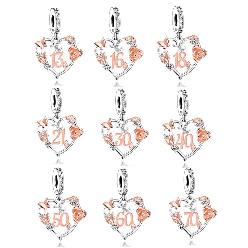 Fit Original Bracelet Necklace Jewelry 925 Sterling Silver Butterfly Rose Flower Number Beads Charms Anniversary