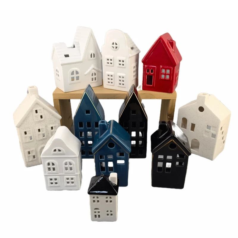 Custom Small White Led Lighted Tabletop Hanging Christmas Decor Ceramic Craft House Decoration Ceramic Christmas Village Houses