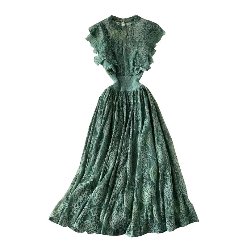 Vintage Purple/Green/Red Lace Midi Dress Women Sweet Round Neck Ruffle Vestidos Female High Waist Slim Robe Spring Autumn New
