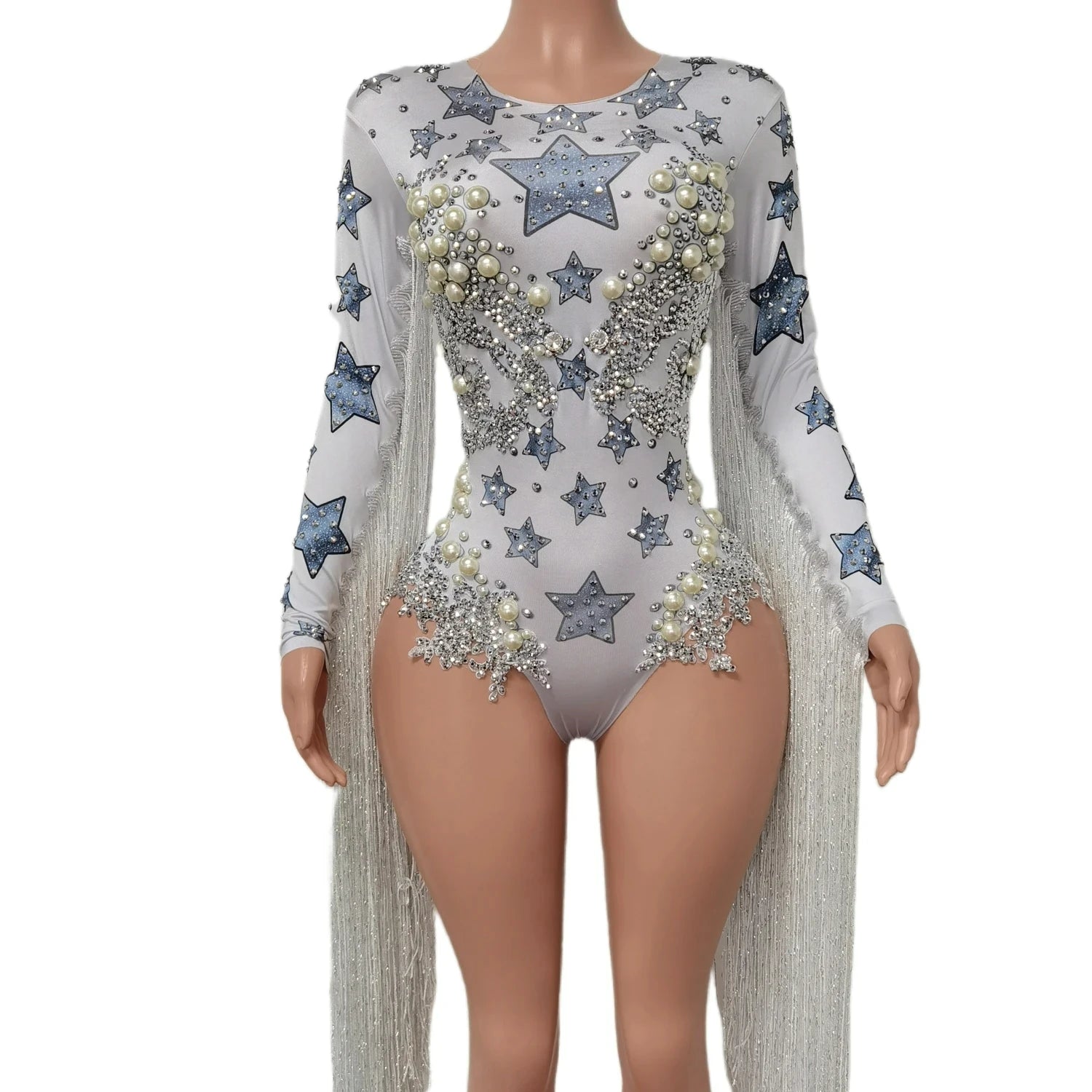 Sexy Fringes Pearls Rompers Show Festival Costume Dancer Wear Tassel One Piece Short Jumpsuits Women Stage Performance Bodysuits