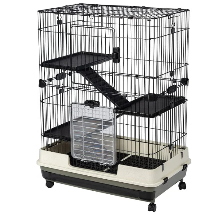 Adjustable Height Small Animal Metal Cage with Lockable Casters and Grilles Pull-Out Tray for