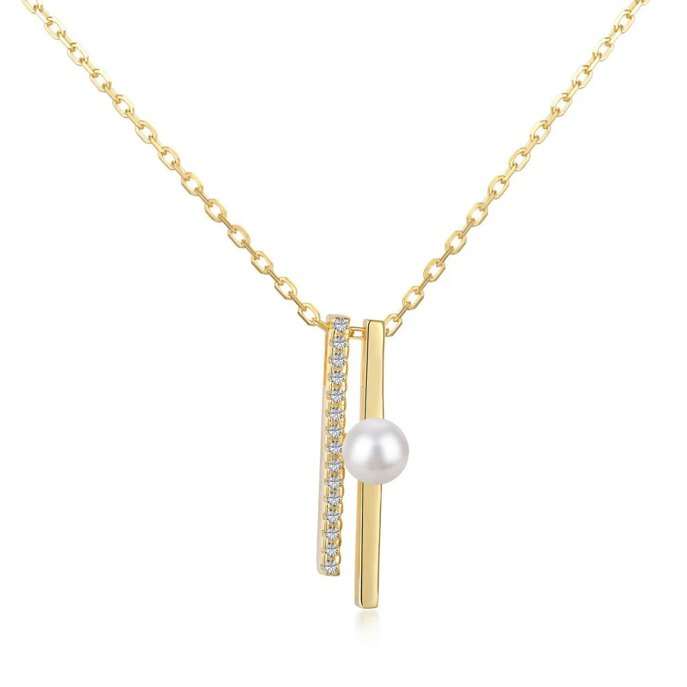 Laodun INS New Arrivals S925 Pendant Necklace Creative Geometric Simple Pearl Zircon Sterling Silver Necklace Vermeil