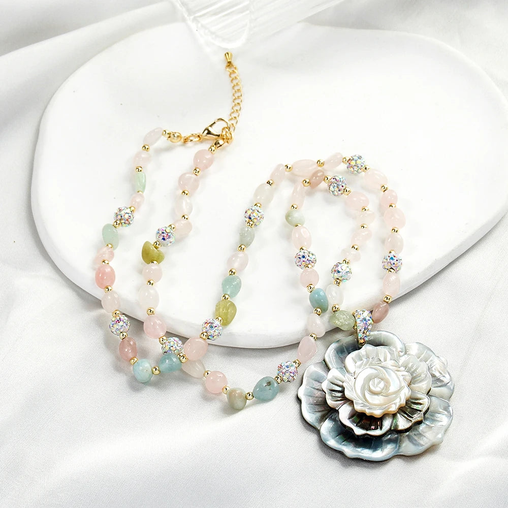JH Wholesale Black Pave Ball Boho Jewelry Irregular Chip Morganite Necklace 3 Level Abalone Shell Flower Pendant Necklace
