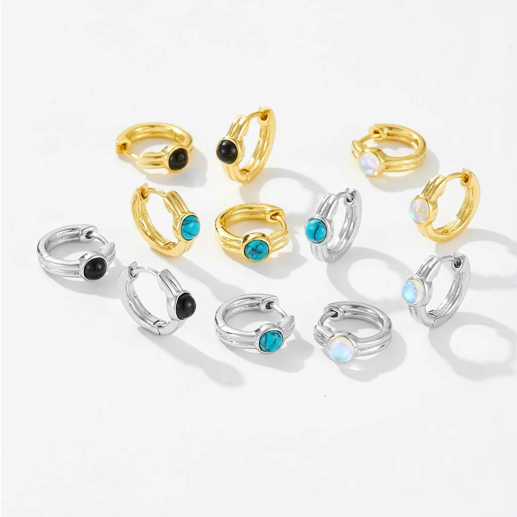 FUAMAY 925 Silver and Turquoise Earrings Black Agate Moonstone Turquoise Gold Plated 12.3mm Hoop Earrings for Anniversaries