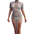 Women Singer Stage Show Luxury Pearls Bead Shiny Diamond Rompers Women Jumpsuit Short Bodysuit Club Dance Costume