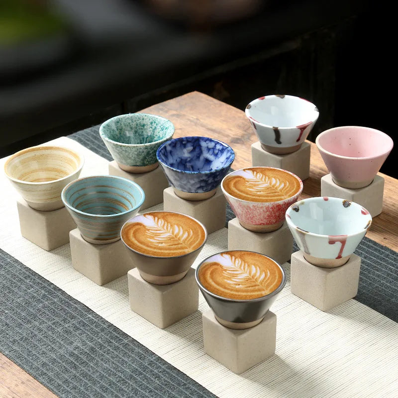 Japanese Coarse Pottery Vintage Espresso Coffee Mug 100ml Creative Funnel Shape Ceramic Cup with Base