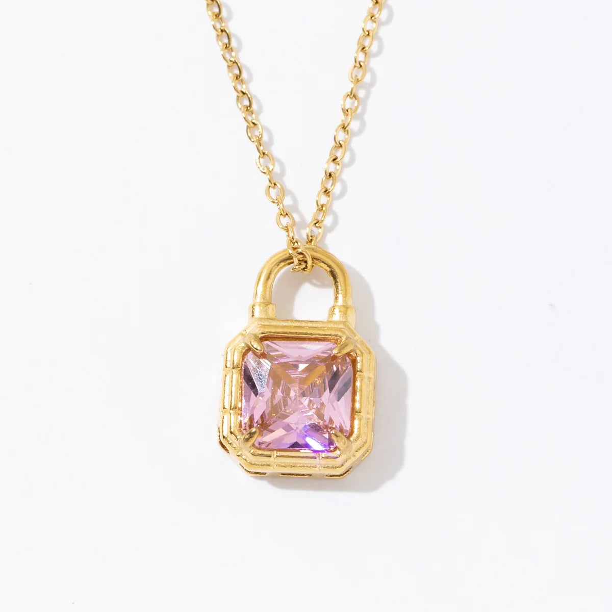 Fashion Mini Pink Zircon Lock Pendant Gold Plated Waterproof Jewelry Stainless Steel Charm Chain Necklace