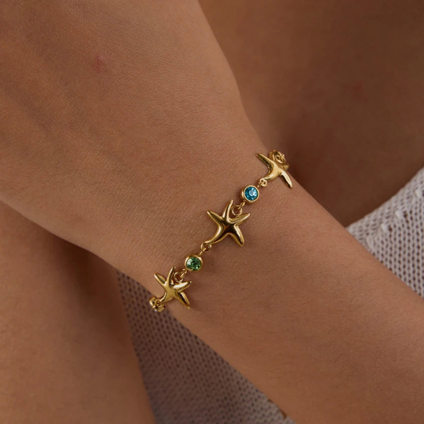 MC321 Wholesale Stainless Steel Fashion Jewelry Colored Zircon Starfish Bracelet 18K Gold Plated Charm Star Bracelet for Women