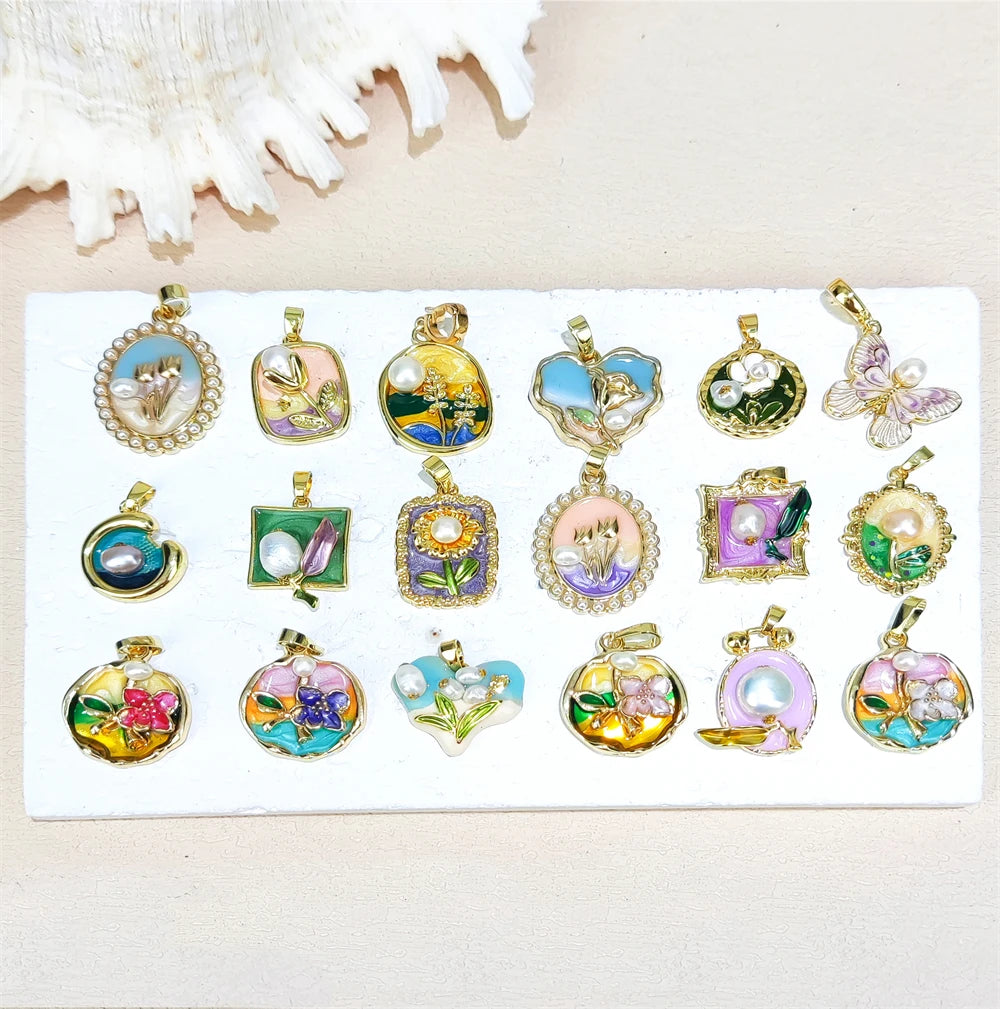 Trend Colorful Enamel Charm Oil Painting Style Natural Freshwater Pearl Flower Drop Pendant Heart Butterfly Pendant for Necklace