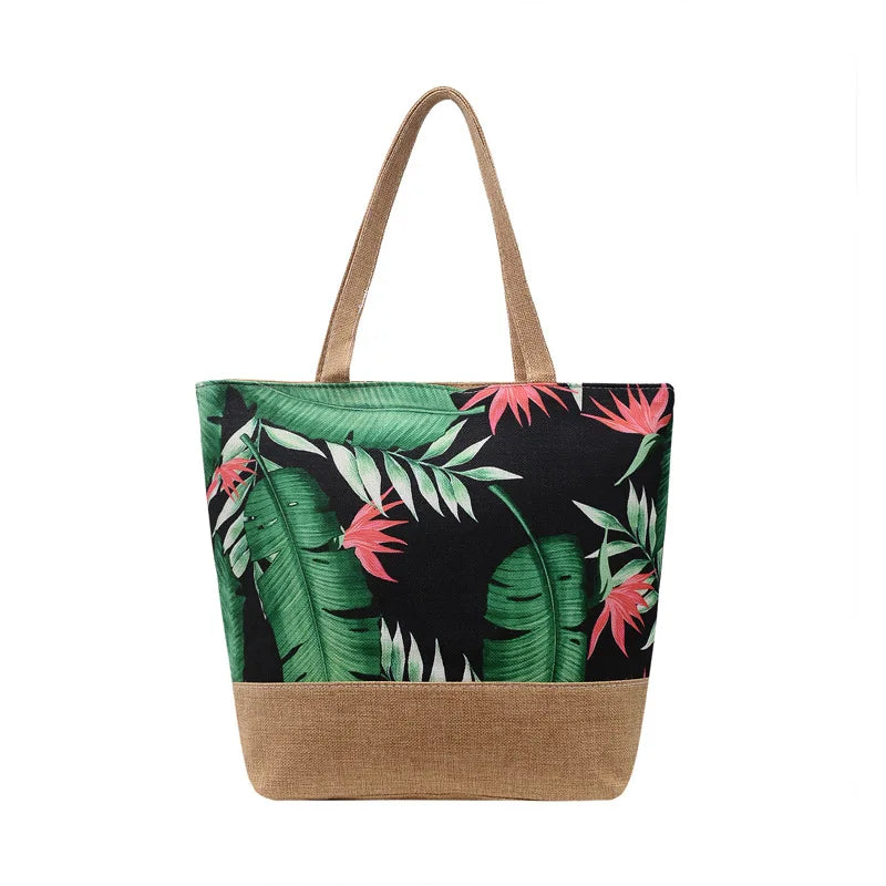 New Design Summer Beach Plant Print Shoulder Bag Simple Large Capacity Canvas Tote Shopping Bag Hand Bags
