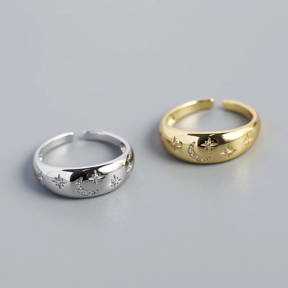 18k Gold Plated S925 Silver Stone Moon and Star Open Chunky Rings 925 Sterling Silver Moon and Star Adjustable Ring