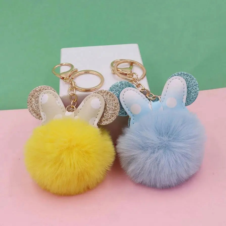 Cute Bow Plush Pom Poms Keychain Cartoon Hairball Fluffy Ball Key Chains Key Ring for Girl Handbag Bag Charm Pendant Accessories