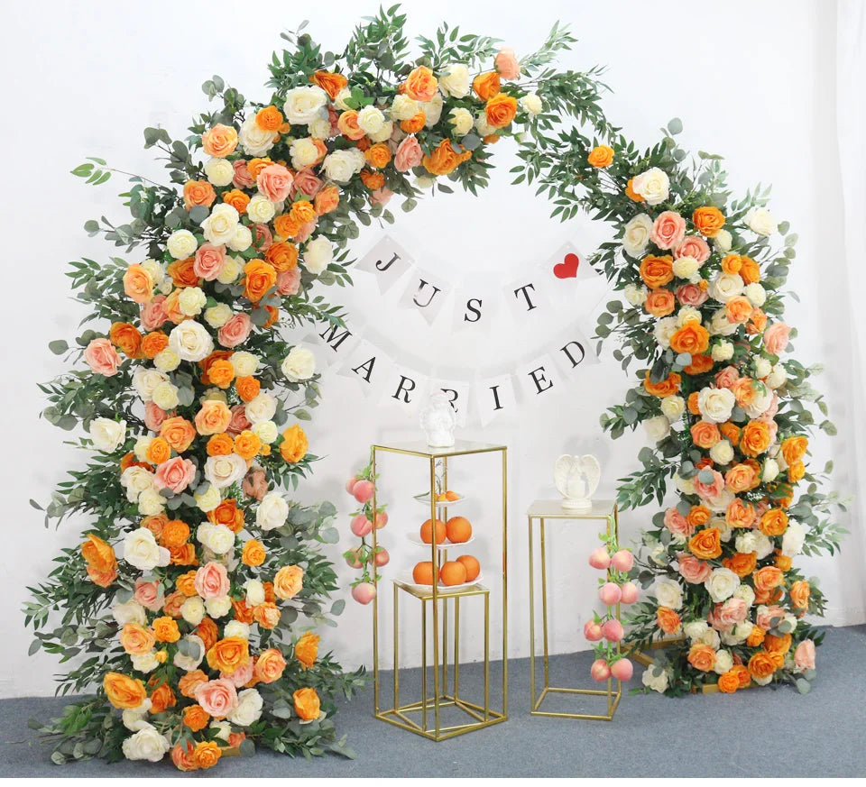 Luxury Wedding Artificial Silk Wrought Iron Arch Flower Orange for Rose Green Leaf Row Arrangement Party Backdrop 1 Set =