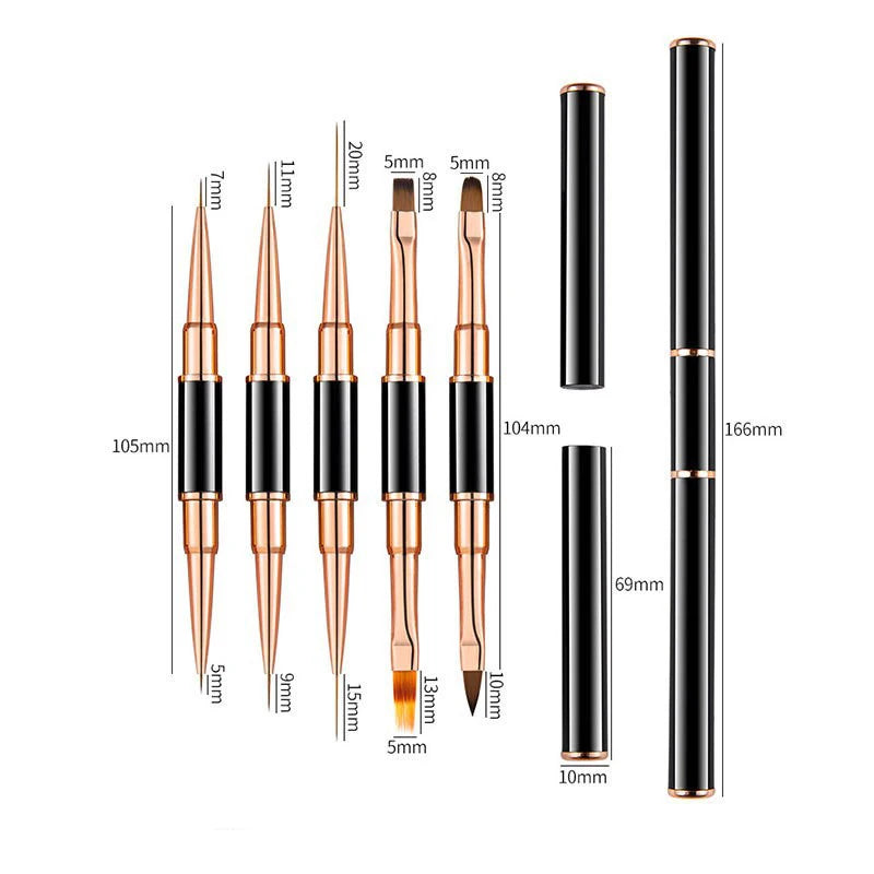 Top Quality Custom Logo 5PCS Set Double-Ended Acrylic Nail Art Liner Flat Brush for Manicure Salon