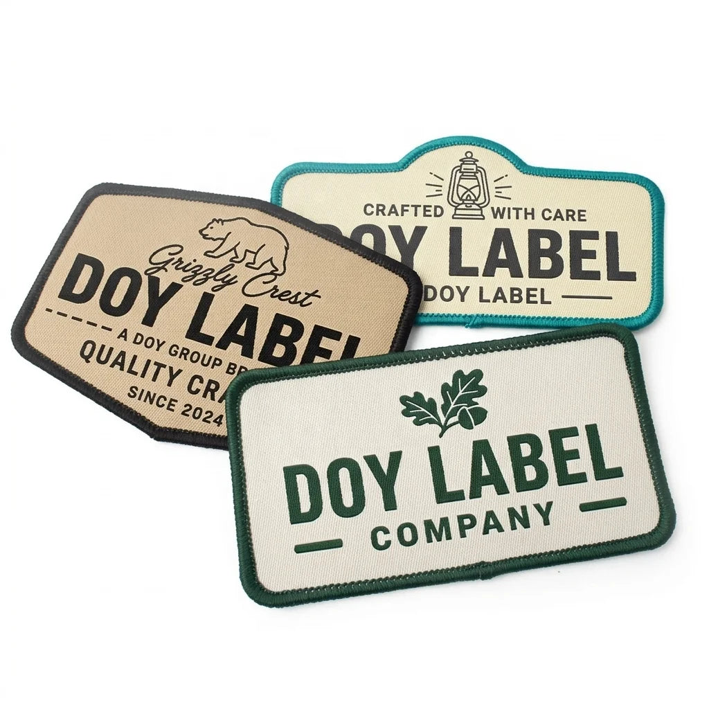 Personalized Custom Brand Name Logo Damask Adhesive Merrow Border Machine Woven Patches for Clothing