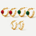 Vintage Stainless Steel 14k Gold Plated Geometric Hoop With Glass Crystal Bead Not Closed Loop Earring for Women