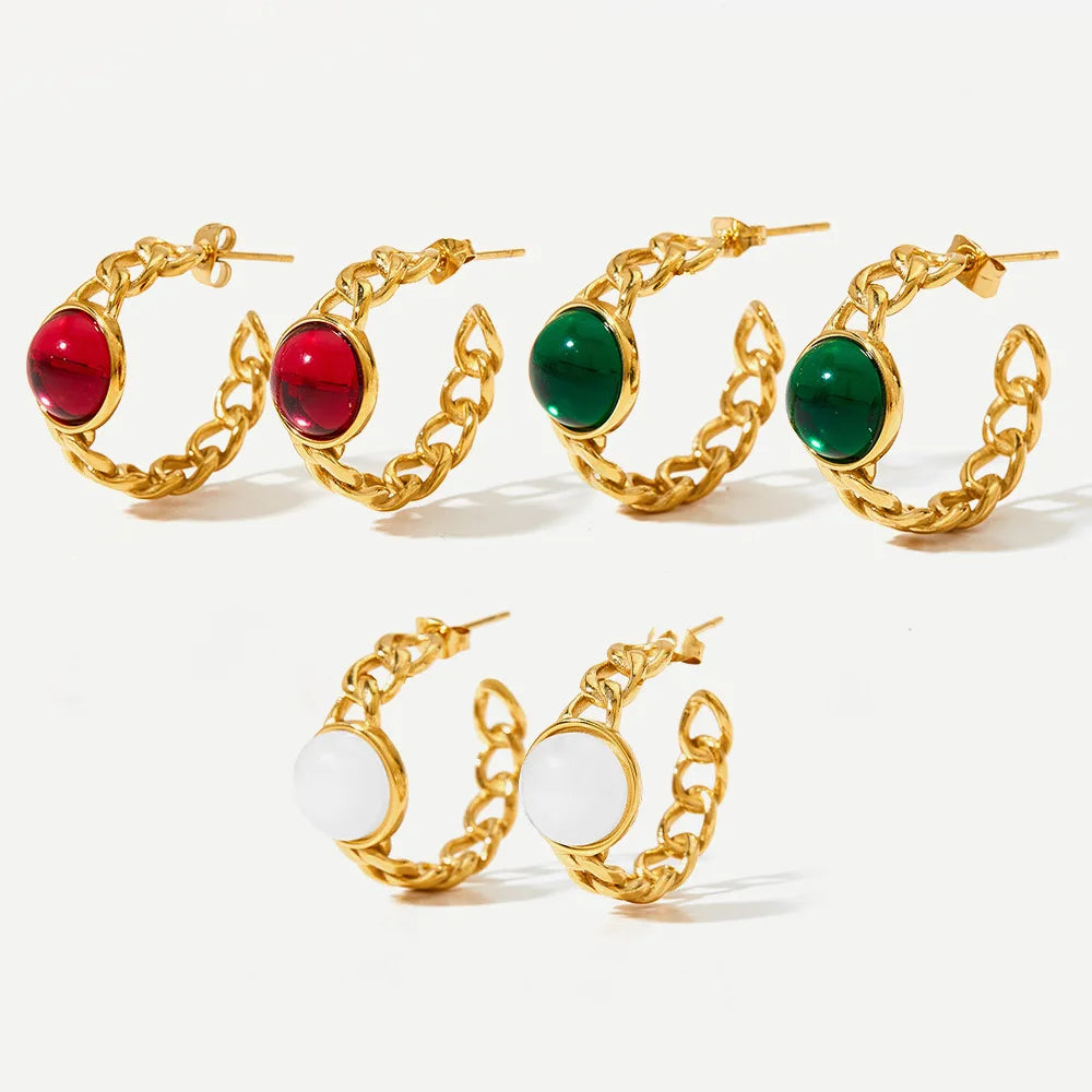 Vintage Stainless Steel 14k Gold Plated Geometric Hoop With Glass Crystal Bead Not Closed Loop Earring for Women