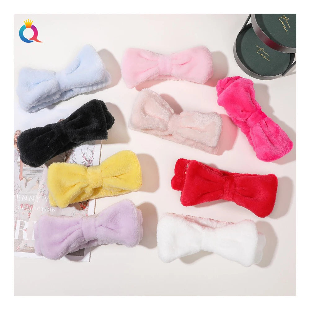 QIYUE 9 Color Coral Fleece Bow Tie Headband Wash Face Hair Band Good Elasticity Spa Soft Head Wrap