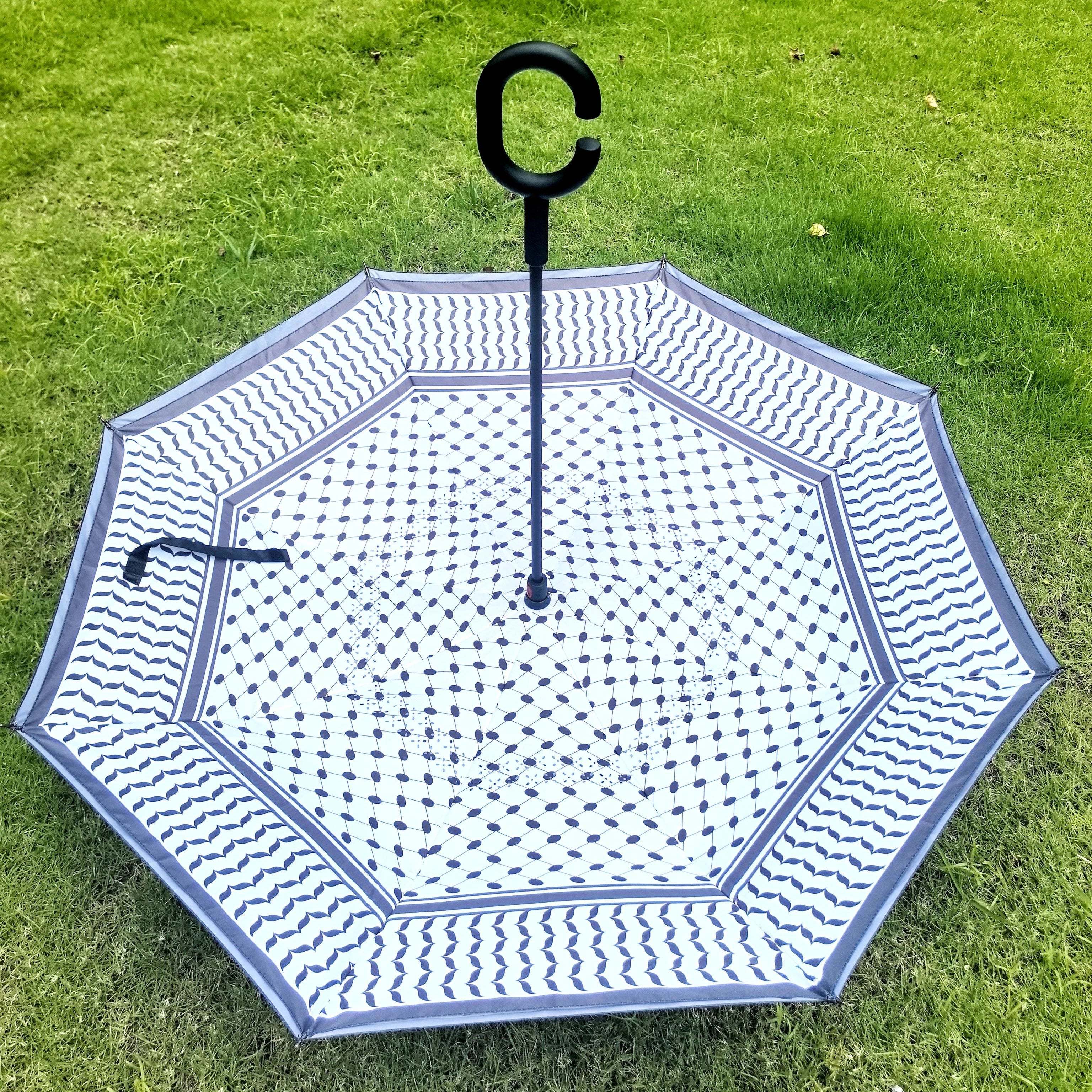 Inverted C Handle Umbrella for Palestine Ladies Men Free Gaza Kuffiyeh Design Automatic Manual Function Pongee+Black Steel