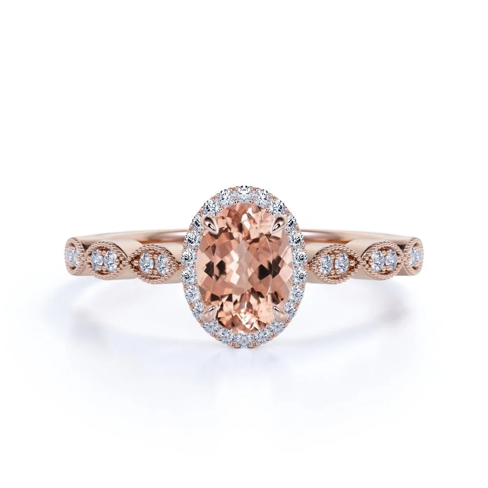 925 Sterling Silver 2 Carat Oval Cut Morganite Engagement Ring Halo CZ Wedding Band for Women Rhodium Plated for Parties