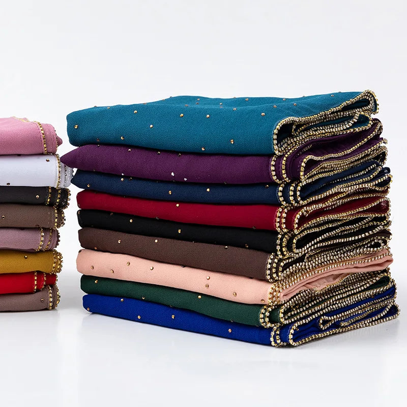 Wholesale Premium Rhinestone Chain Bubble Chiffon Muslim Hijab Woman Veils Scarf Shawls