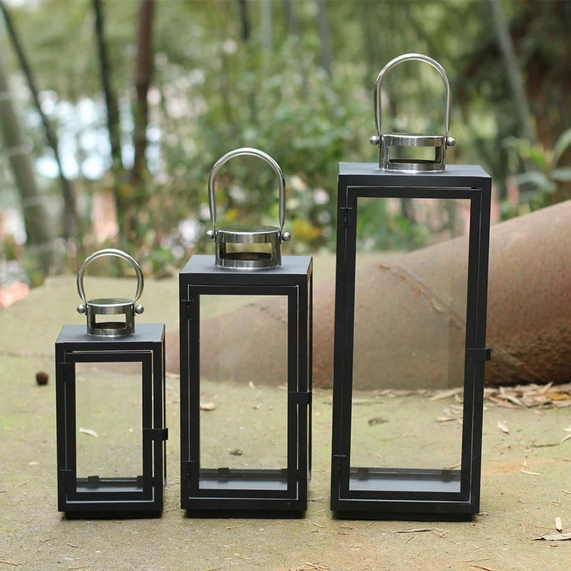 Modern Simple Glass Lantern Metal Lantern Set Windproof Portable Hurricane Lamp for Outdoor Decoration