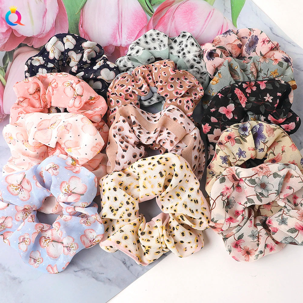 QIYUE New Floral Chiffon Hair Scrunchy Scrunchies Woman Ponytail Holder