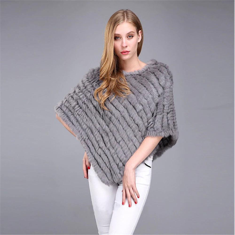 Jtfur Fashion Ladies Gray Furry Shawl Fur Triangle Collar Tassel Women Rabbit Fur Poncho