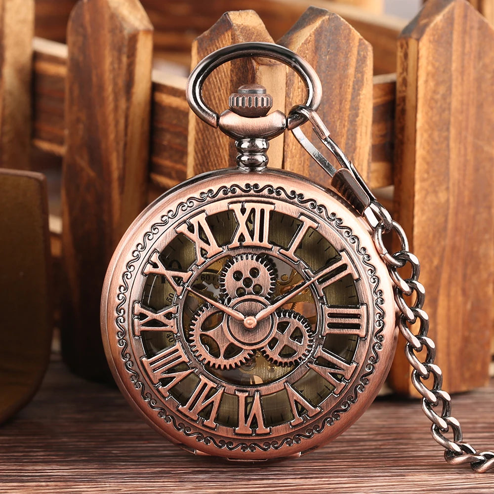 Vintage Style Rose Gold Hollow Gear Skeleton Pocket Watch Mechanical with Chain Self Wind Locket Watch Pendant for Luxury Gift