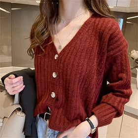 OEM&ODM Custom Red Cardigan Women Wide Slat Ribbed Marble Textured Button Blank Knit v Neck Sweater Streetwear