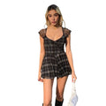 2022 Summer Casual Satin A-Line Dress for Women Lattice Pattern Short Sleeve Mini Streetwear Comfortable Stretch Lady's Clothes