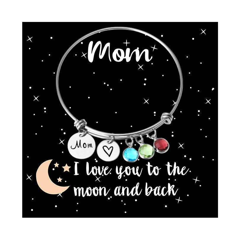 Manufacturer Stainless Steel Expandable Wire Bangle with Mom Heart Birthstone Charm Mother's Day Birthday Gift for Mom Bracelets