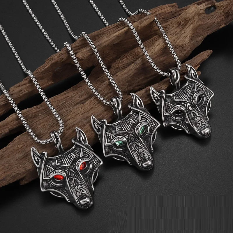 Punk Vintage Viking Wolf Head Pendant Necklaces With Red Stone Eyes Stainless Steel Fashion Hip Hop Street Jewelry