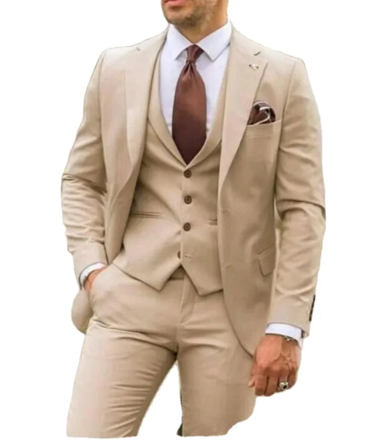 Stylish Beige Men Wedding Tuxedos Boho Notched Formal Mens Suits Set for Groom Dinner Party Pant Jacket Vest Slim Male Blazer