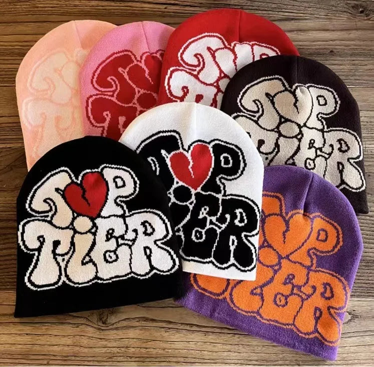 Casual Hip Hop Style Cap Bold Black Lettering with Red Heart Graphic Custom logo Elastic Knitted Unisex Jacquard Beanie