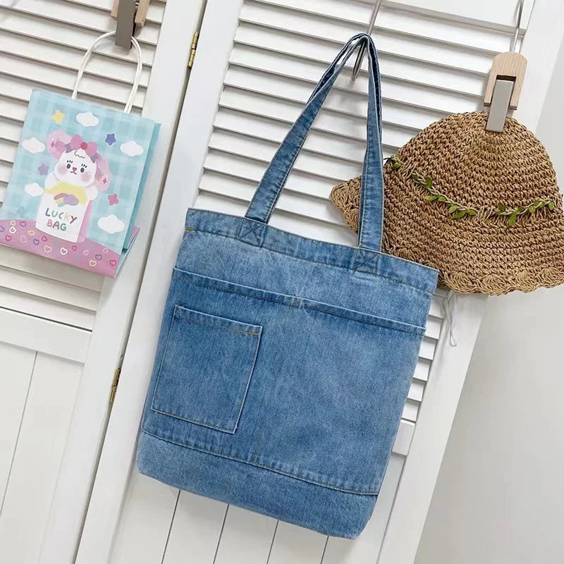 Factory Hot Sale Fashion Classic Simple Style Denim Canvas Tote Bag with Zipper Closure Crossbody Single Shoulder Bag