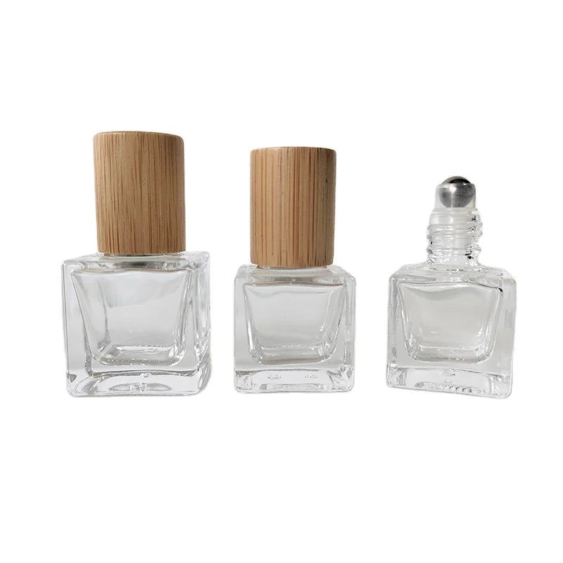 5ml 10ml Square Clear Cube Glass Roll Bottle with Steel Rolling for Ball Bamboo Cap Essential Oils Perfume Packaging Glass
