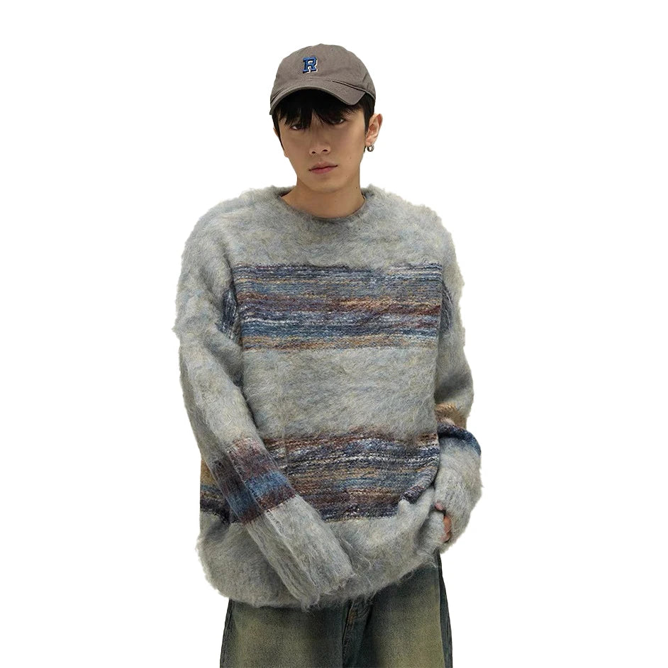 Autumn and Winter Fashion Textured Knit Sweater Casual Round Neck Color Blocking Stripe Knit Pullover Knitted Sweater for Men