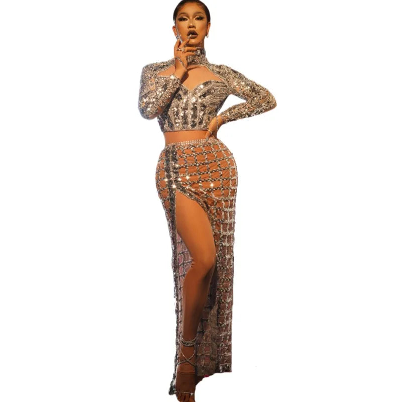 Sparkly See Through Plaid Silver Sequin Top High Slit Long Skirts Sets Sexy Party Prom Dress Dance Costume Women Evening Gown