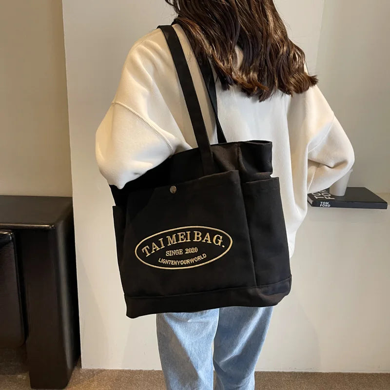 Fashion Letter Embroidery Women Shoulder Bags Commuter Simple Large Capacity Ladies Tote Casual College Style Men Handbags