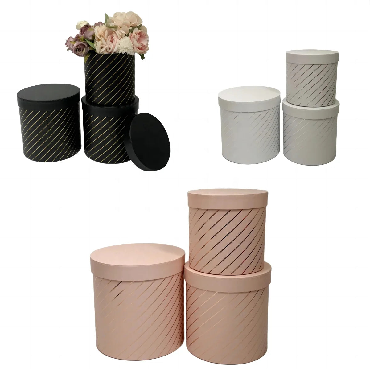 Spot New Round Flower Gift Box with Bronzing Line 3-Hold Bucket Design Featuring Embossed and Matt Laminated Printing