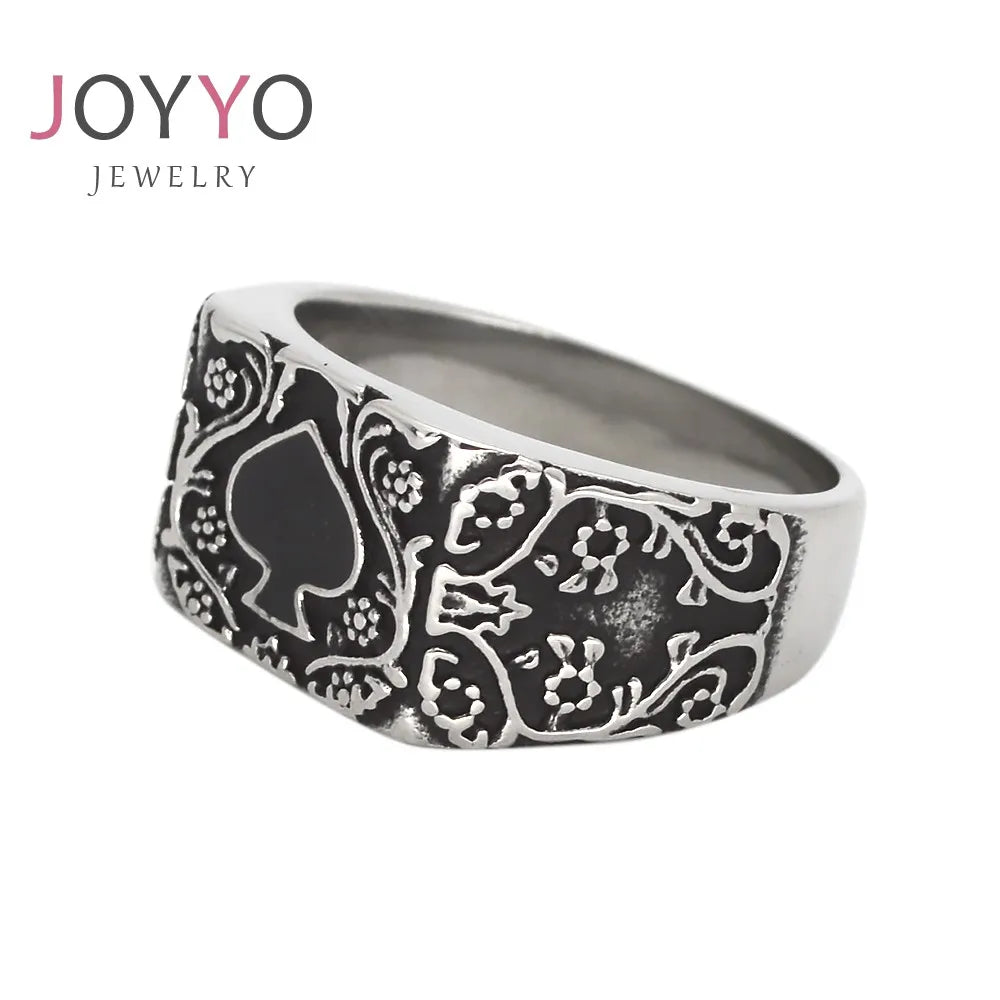 Unisex Punk Rock Stainless Steel Cluster Ring with Black Poker ACE of Spades Card Design-Good Luck Gambling Casino Jewelry