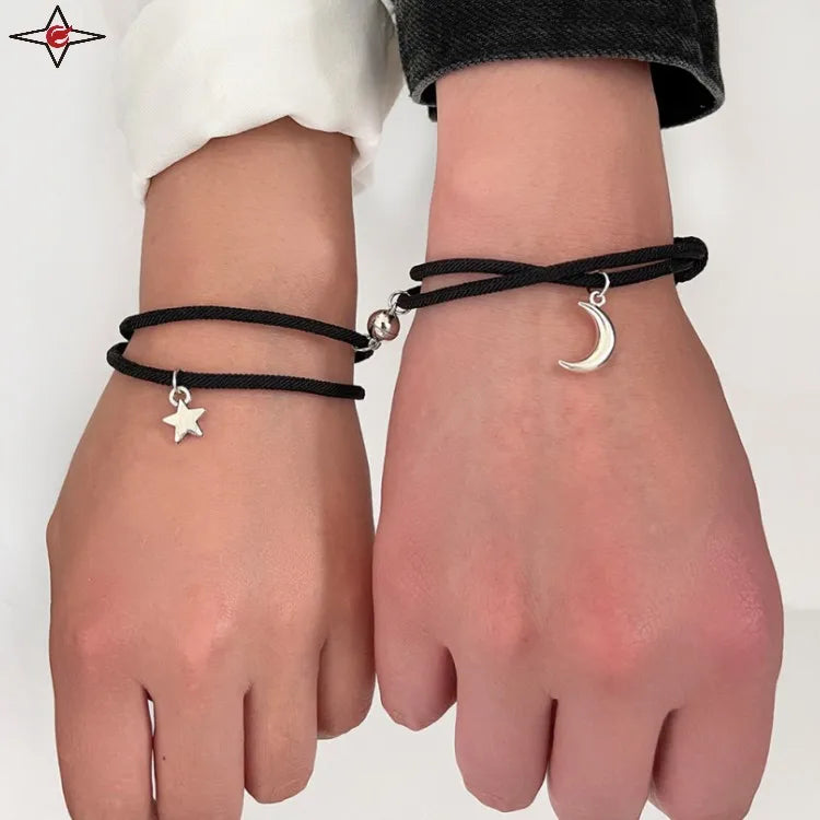 Custom Handmade Couples Magnetic Long Distance Black Rope Unisex Adjustable Lovers Bracelets Silver Moon Star Bracelet