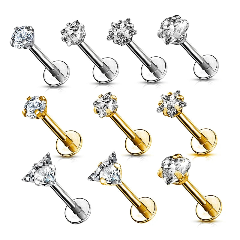 ASTM F136 Titanium Labret Earring High Grade Zircon Asscher Cut Stud Gold Lip Ring Shape Body Piercing Jewelry Women Fashion